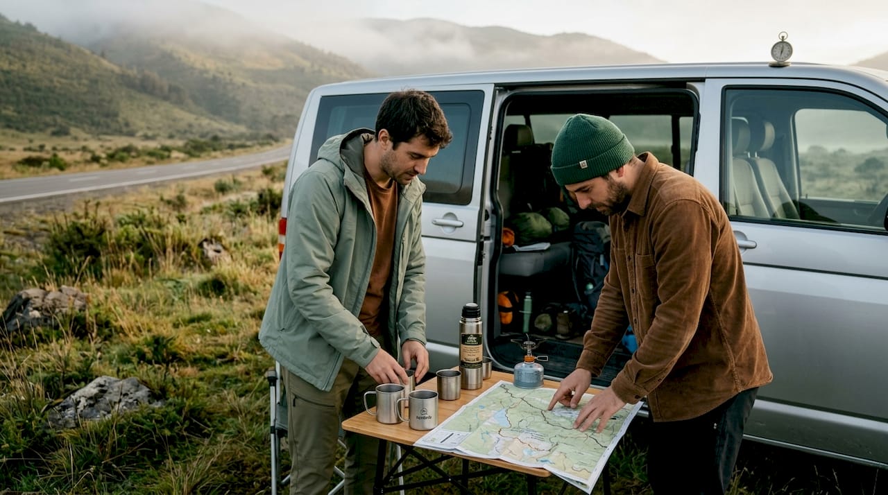 Un grupo de amigos disfruta de una mañana preparando café al aire libre junto a su furgoneta camper en algún rincón de Chile.