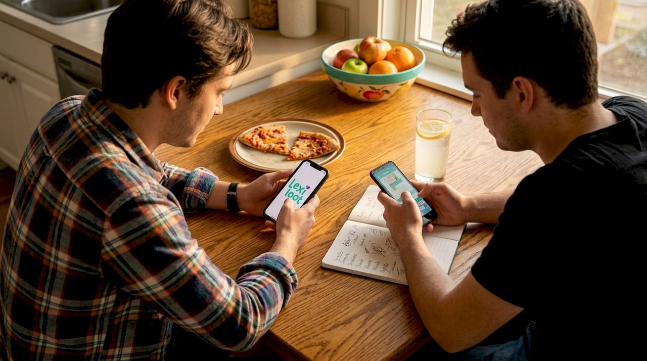 Friends using phones for word games at kitchen table
