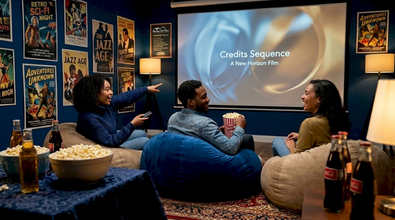 Friends settling into private home theater