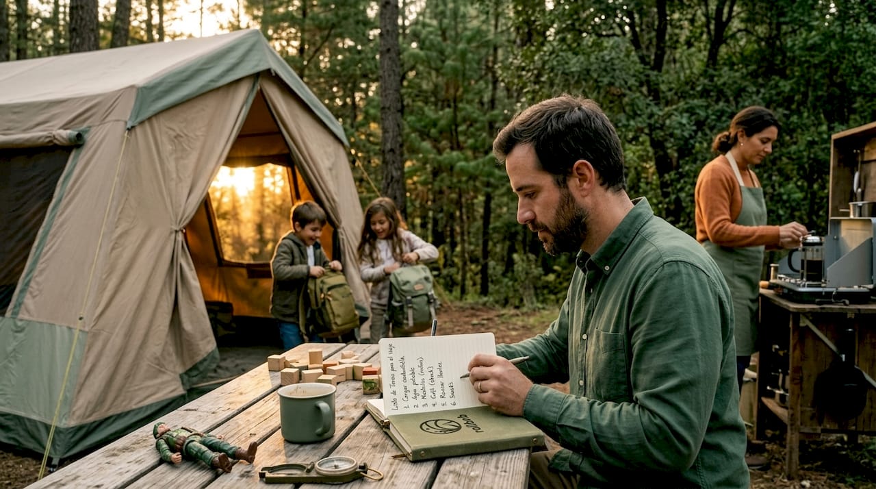 Una familia prepara todos los detalles para salir de viaje en autocaravana.