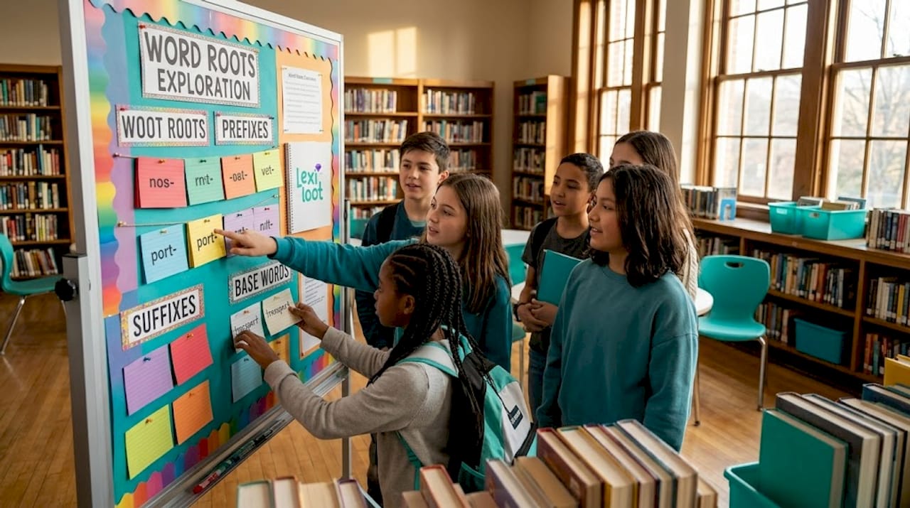 Students arranging words on classroom word wall