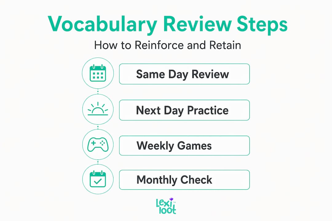 Infographic showing steps for vocabulary review and retention