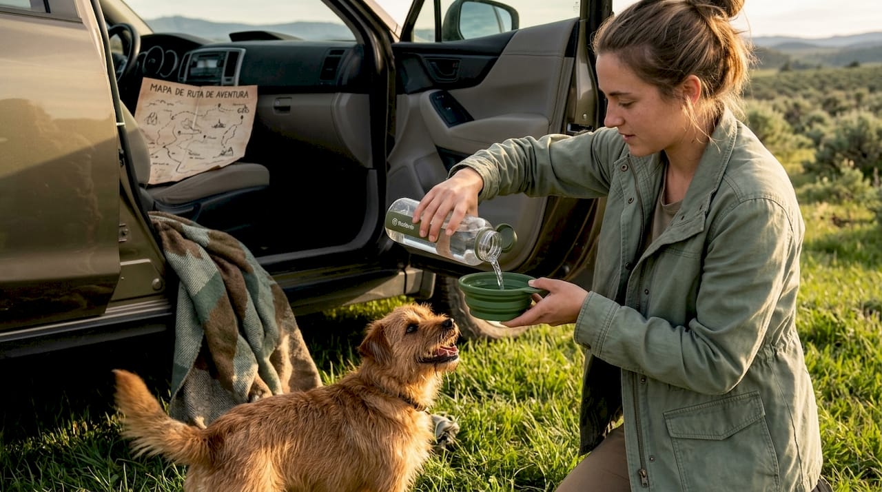 Una mujer que va de viaje se detiene en la carretera para darle agua a su perro.