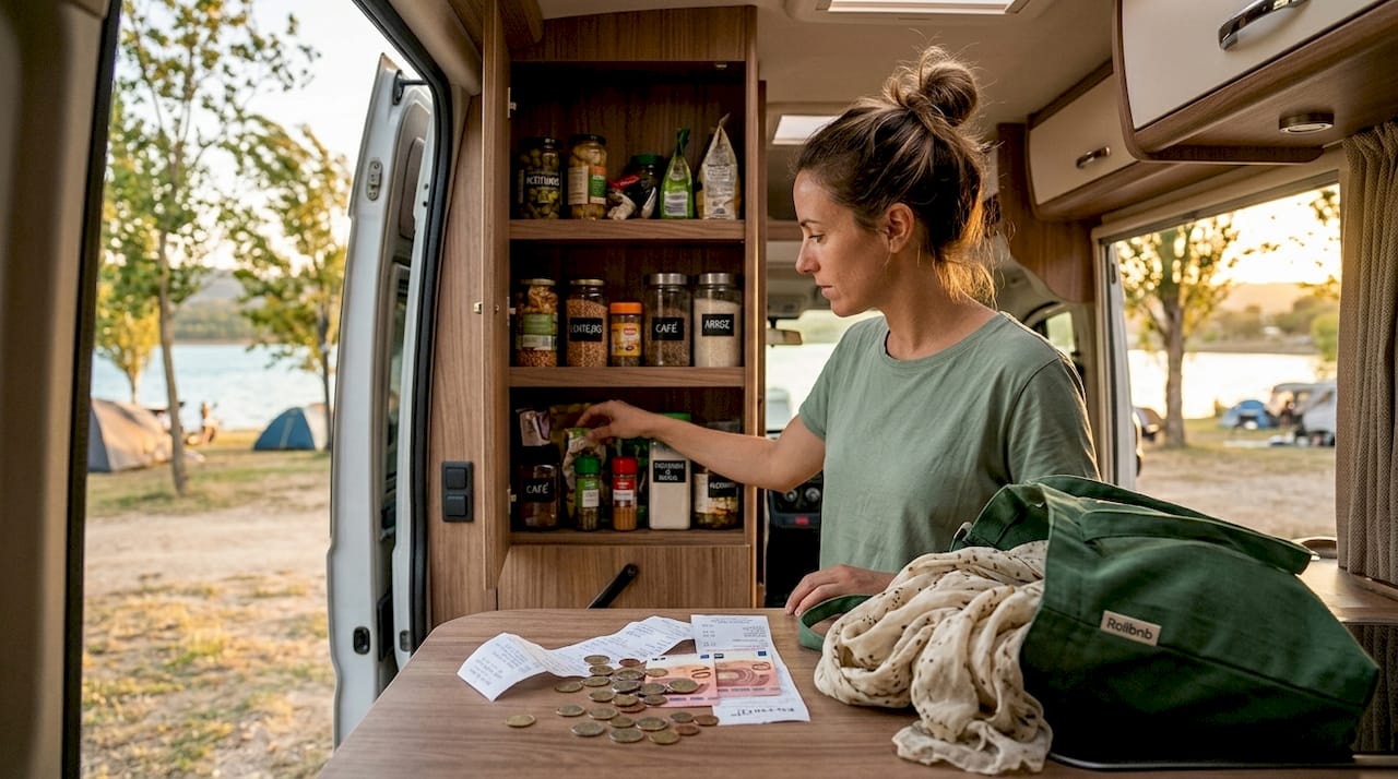 Una mujer organiza la despensa de su autocaravana antes de salir de viaje.
