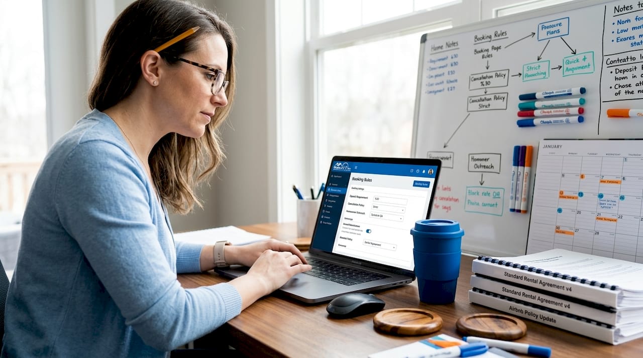 Property manager updating rental settings at desk