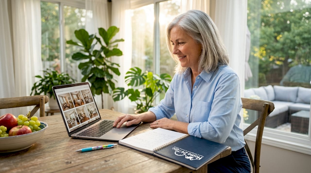 The Role of Professional Photography in Rentals 1 Landlord checks rental photos at kitchen counter