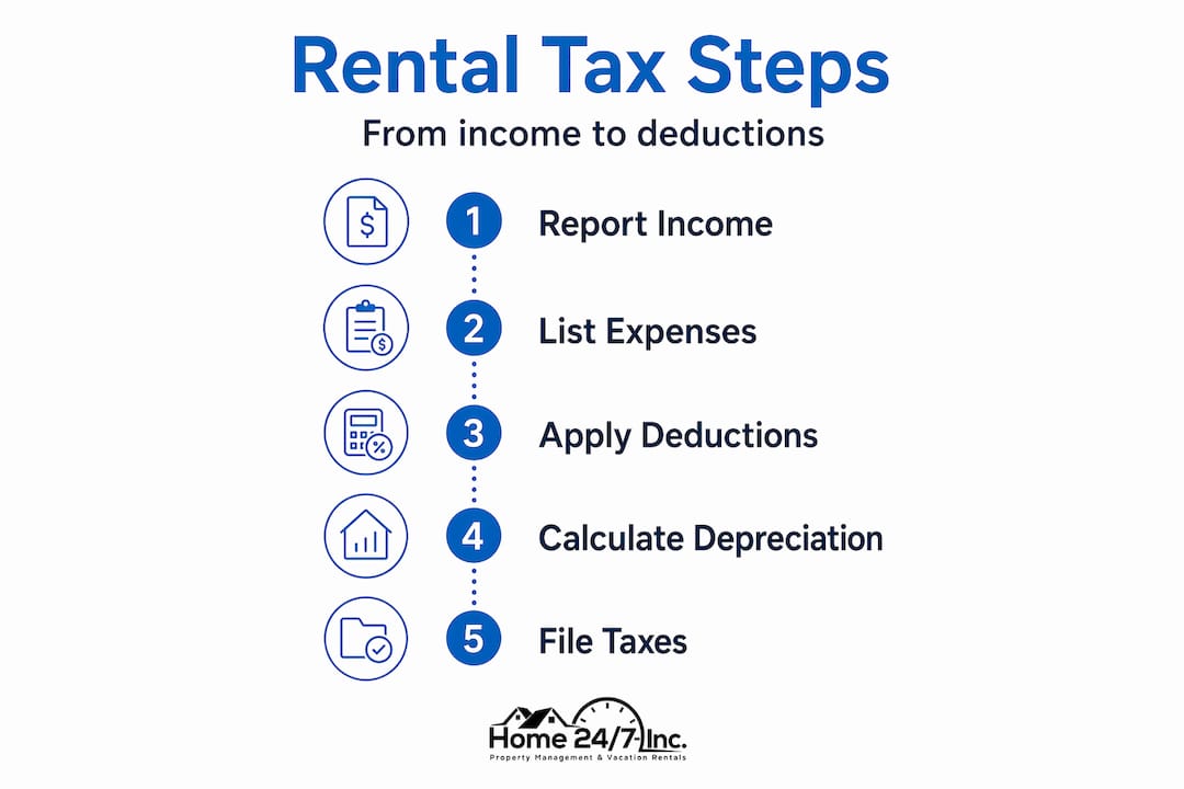 How to Manage Rental Taxes and Maximize Deductions 1 Infographic: five-step rental tax management process