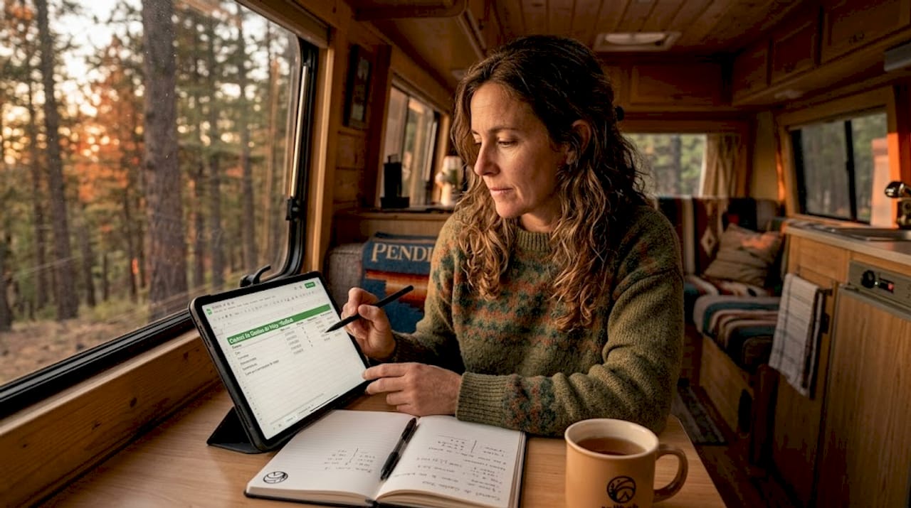 Mujer revisando sus cuentas en una caravana en plena naturaleza