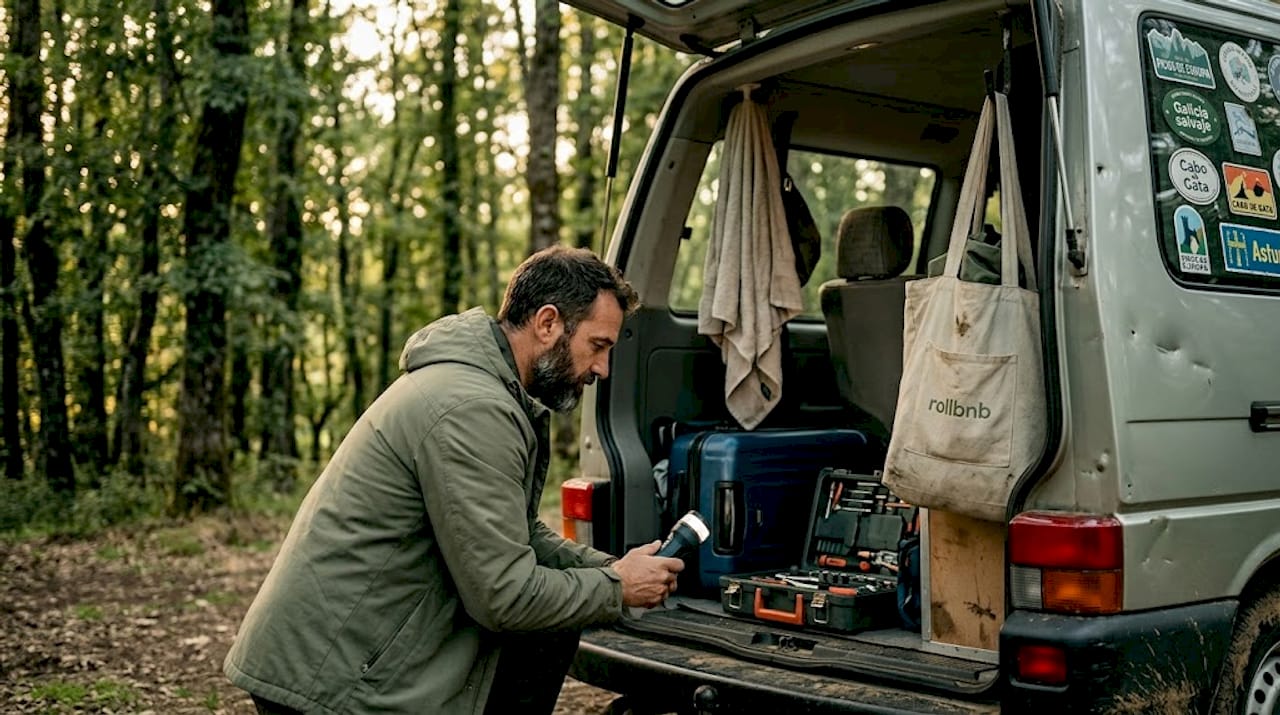 Un hombre inspecciona el interior de una camper pequeña.