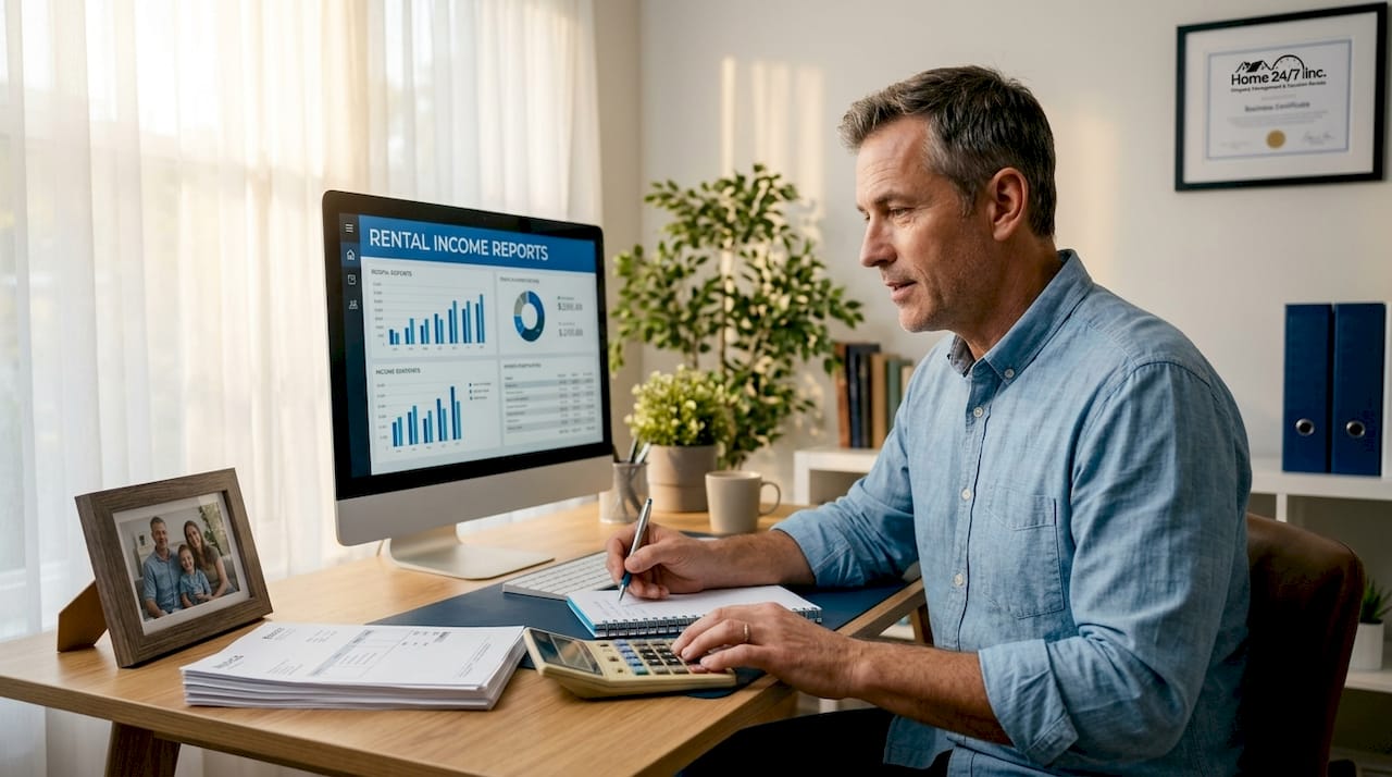 Rental property owner reading financial reports