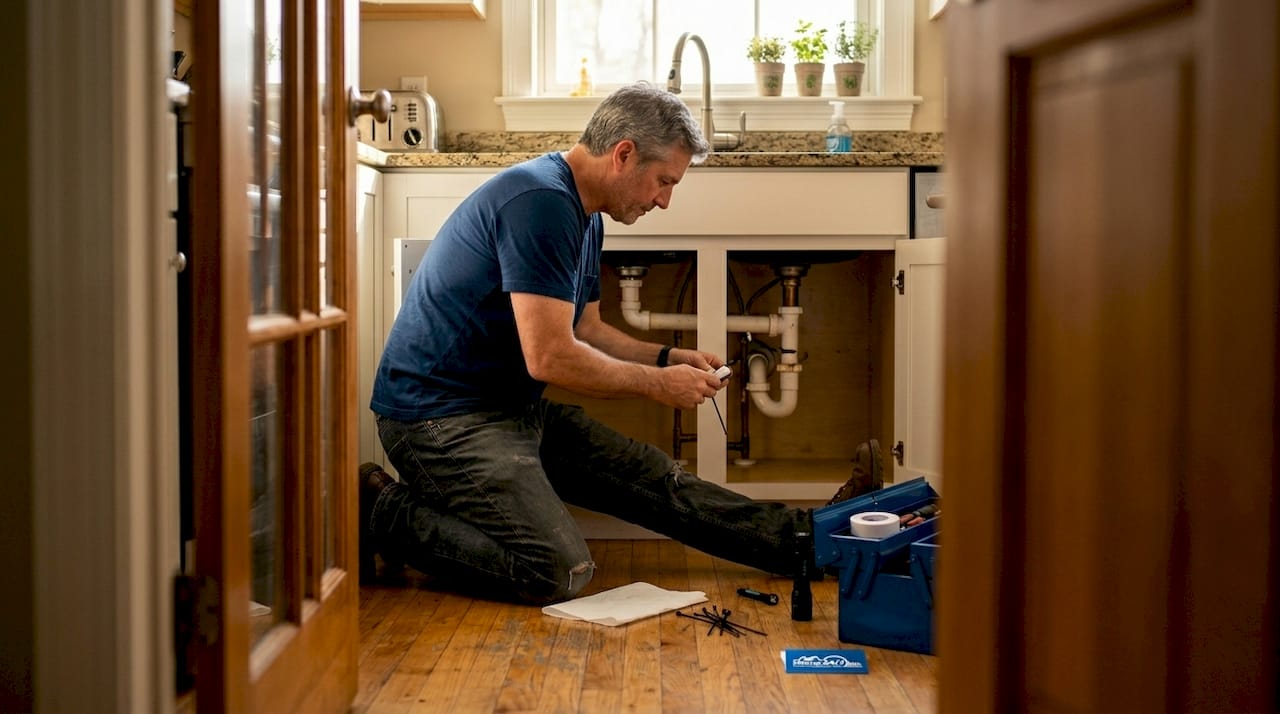 Landlord places water leak sensor under sink