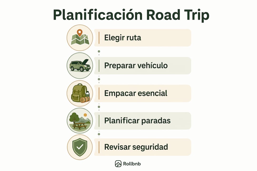 Guía visual con los pasos esenciales para organizar un viaje en carretera