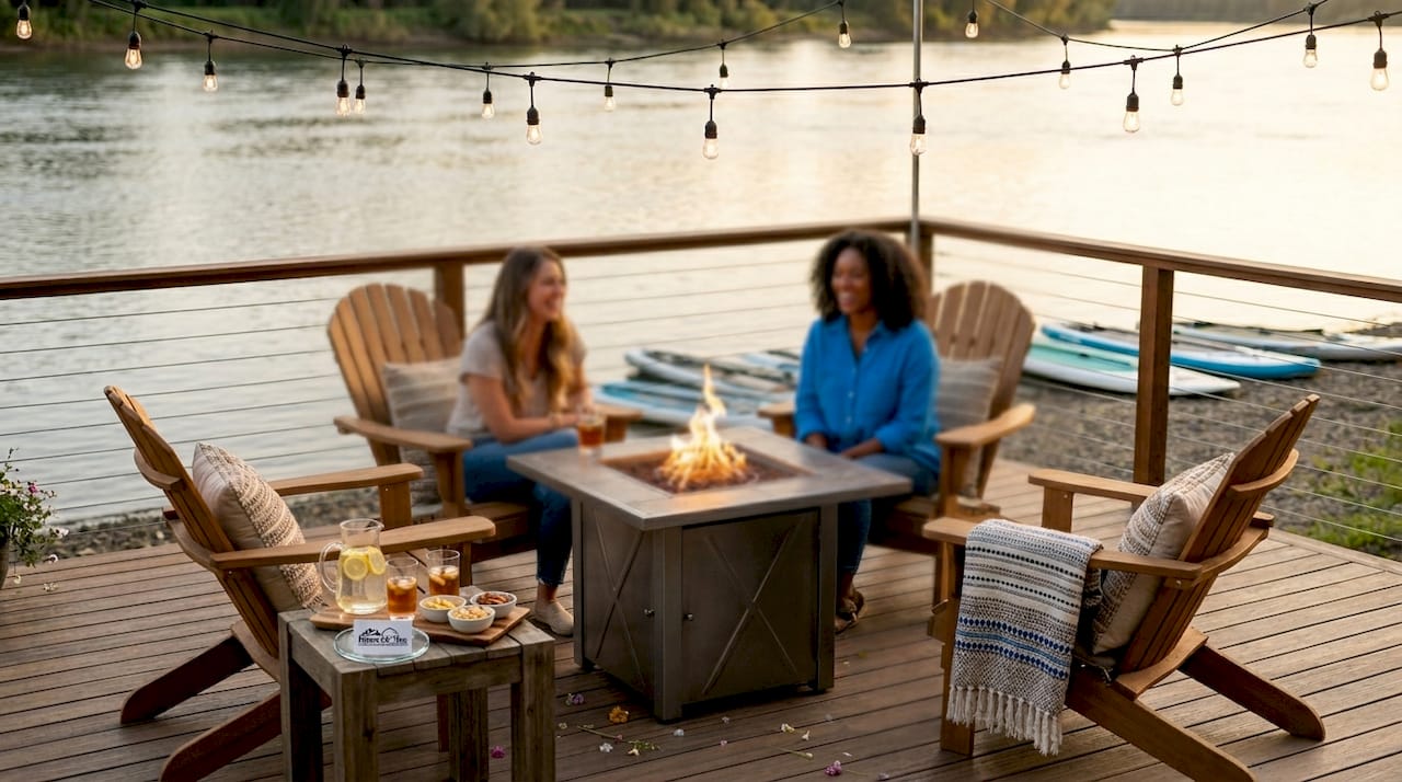 Friends gathered around fire pit on waterfront patio