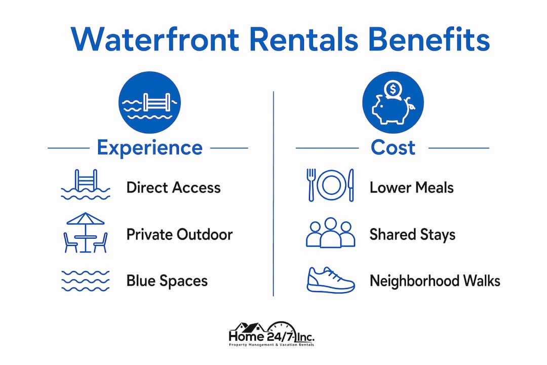 Infographic comparing experience and cost benefits of waterfront rentals
