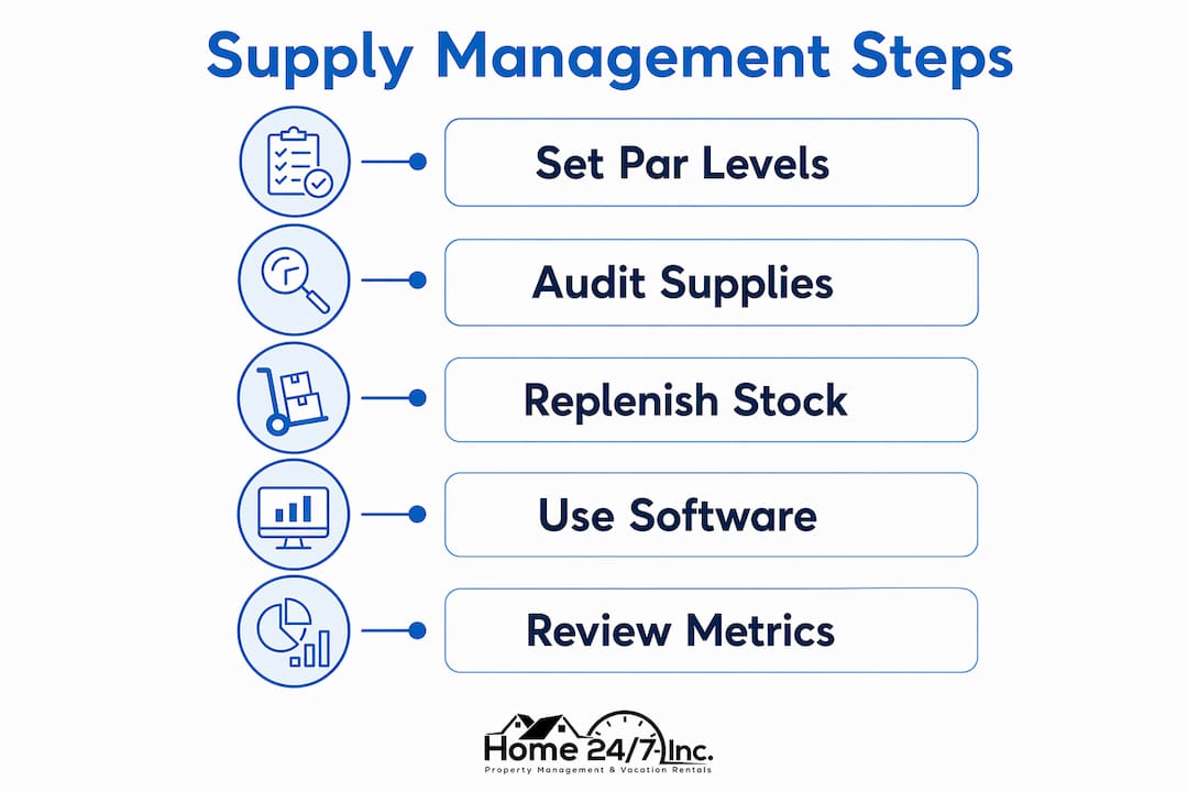 How to Manage Rental Supplies for Vacation Rentals 1 Infographic outlining key steps in rental supply management