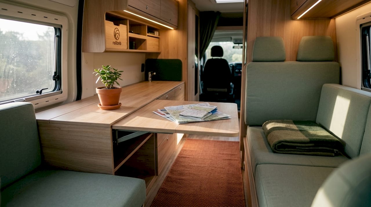 Muebles modulares para camper con mesa y espacio de almacenamiento