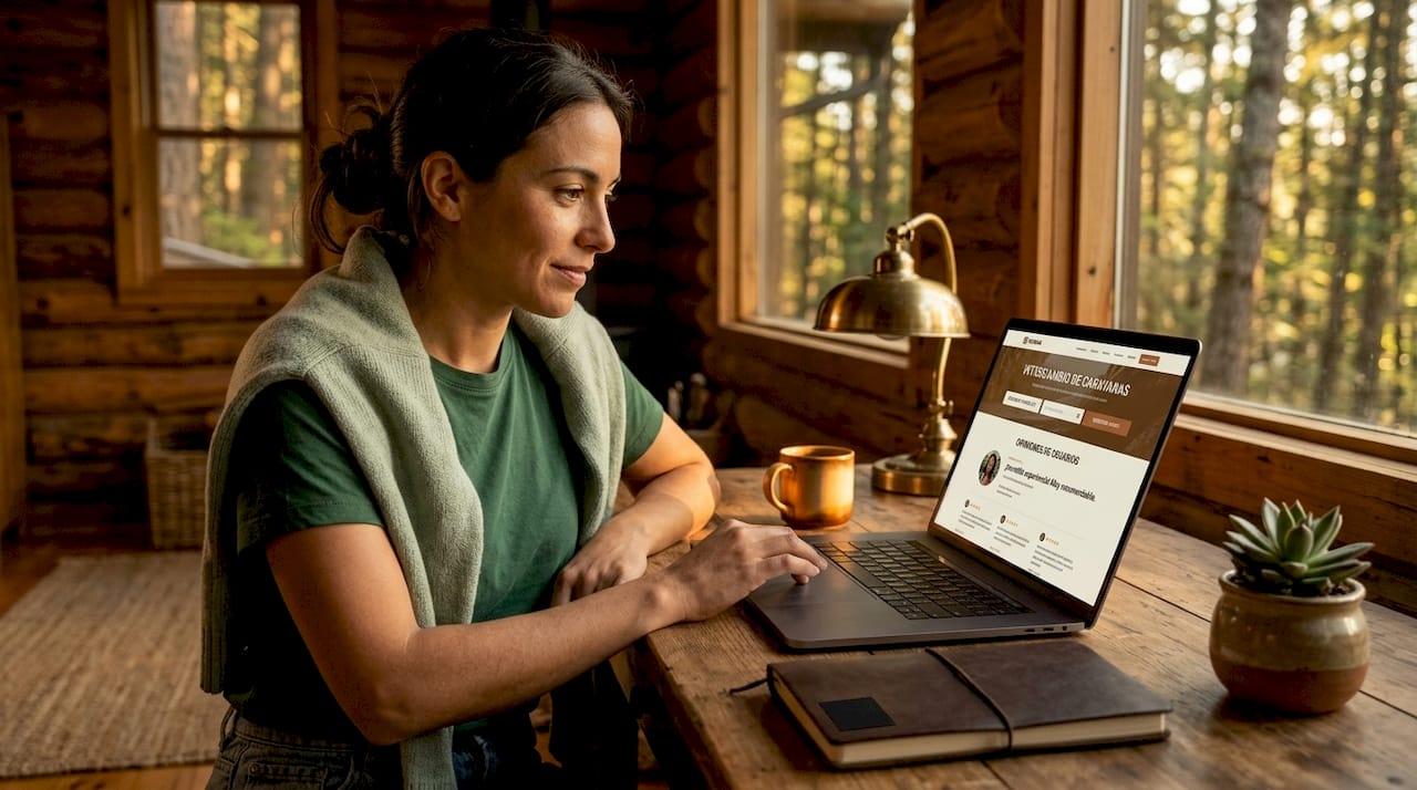 Una mujer explora opciones de alquiler de casas rodantes en una plataforma online.