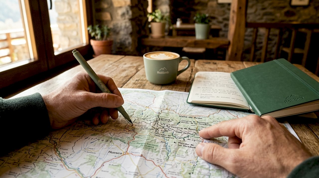 Unas manos trazando el recorrido de un viaje en carretera sobre un mapa