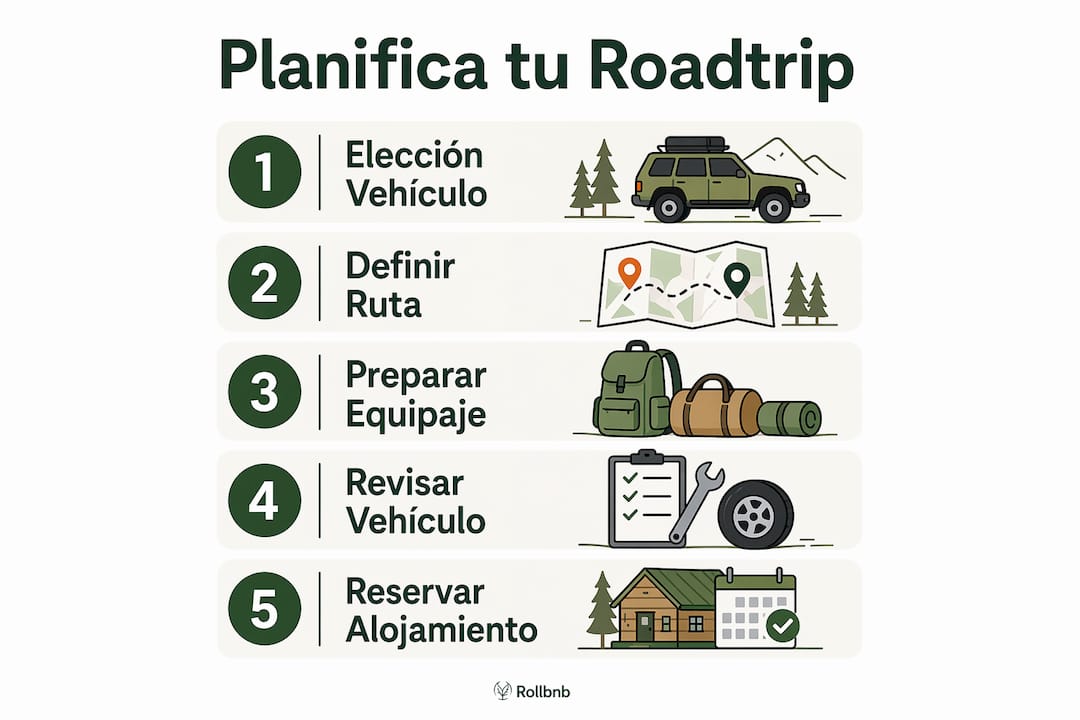 Infografía con los pasos clave para organizar un viaje por carretera