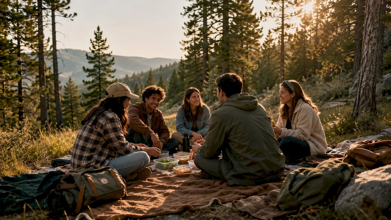 Un grupo de jóvenes compartiendo historias y risas alrededor de una fogata en plena naturaleza durante un campamento.