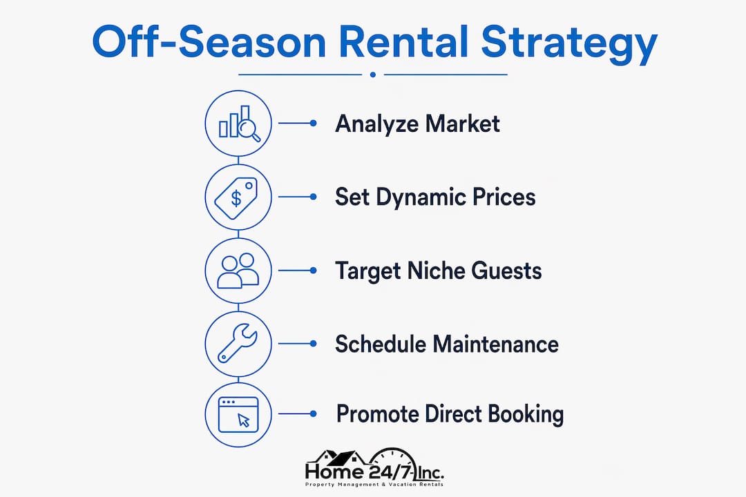How to Manage Off-Season Rentals and Maximize Income 1 Infographic illustrating off-season rental management steps