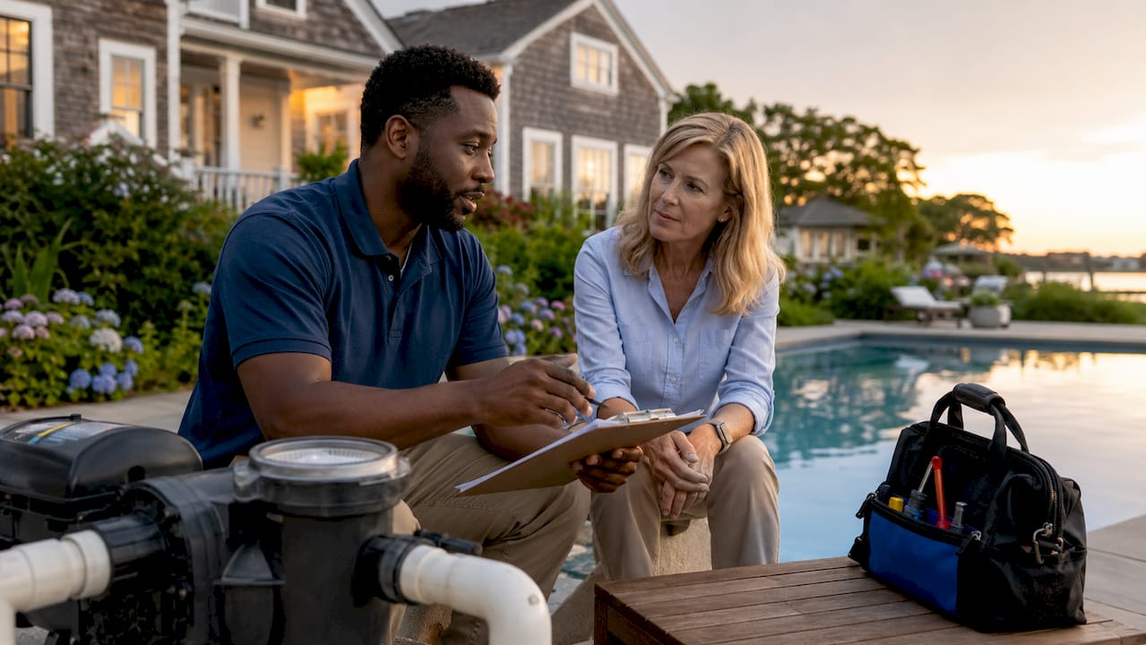 Contractor and manager inspecting pool equipment outdoors