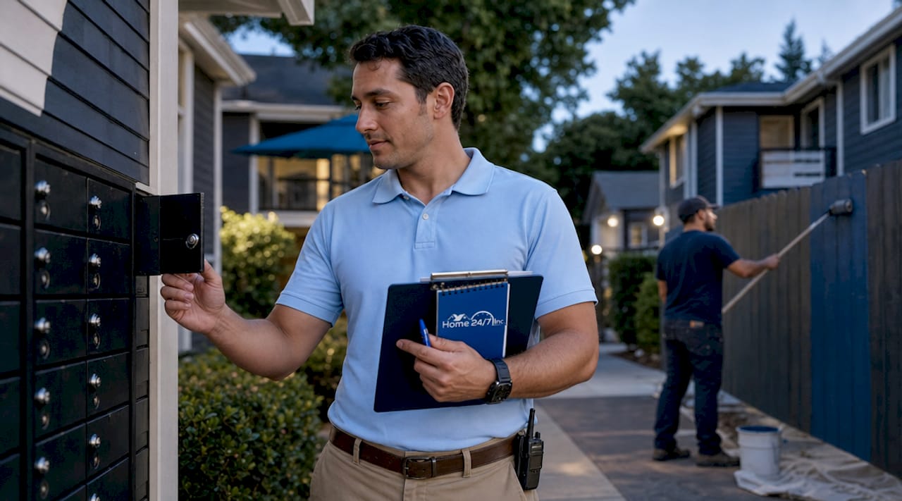 Property manager inspecting rental property mailbox