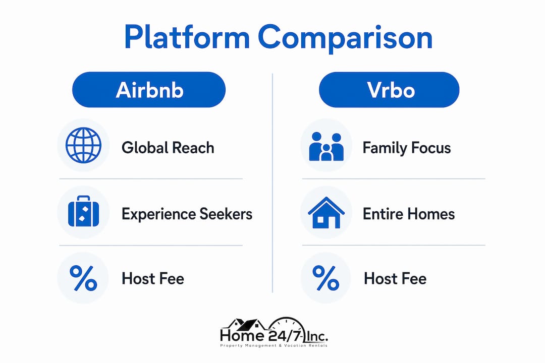 How to List Vacation Rentals Online and Maximize Income 1 Infographic comparing Airbnb and Vrbo platforms