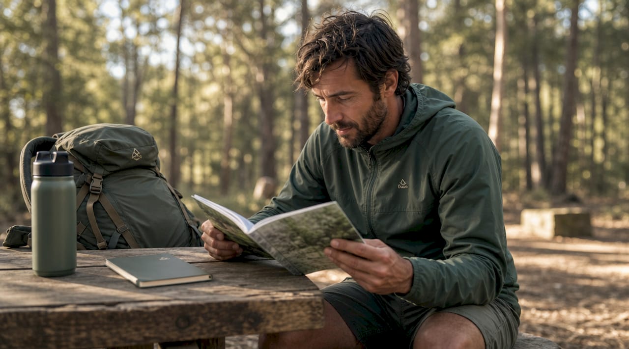 Hombre revisa recomendaciones para acampar de forma sostenible