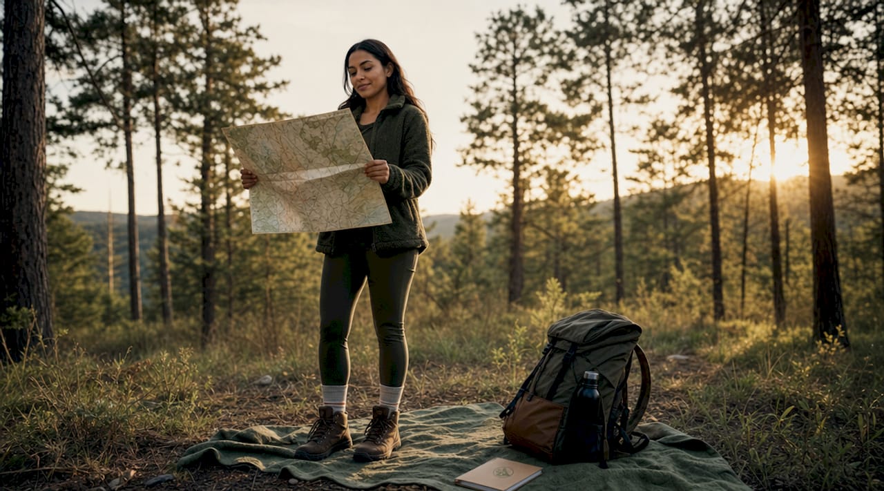 Una mujer consulta un mapa sentada junto a la ventana de una acogedora cabaña en la montaña.