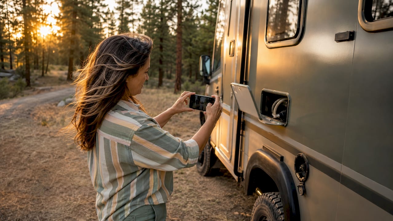 Una mujer toma fotos de su autocaravana para la revisión técnica.