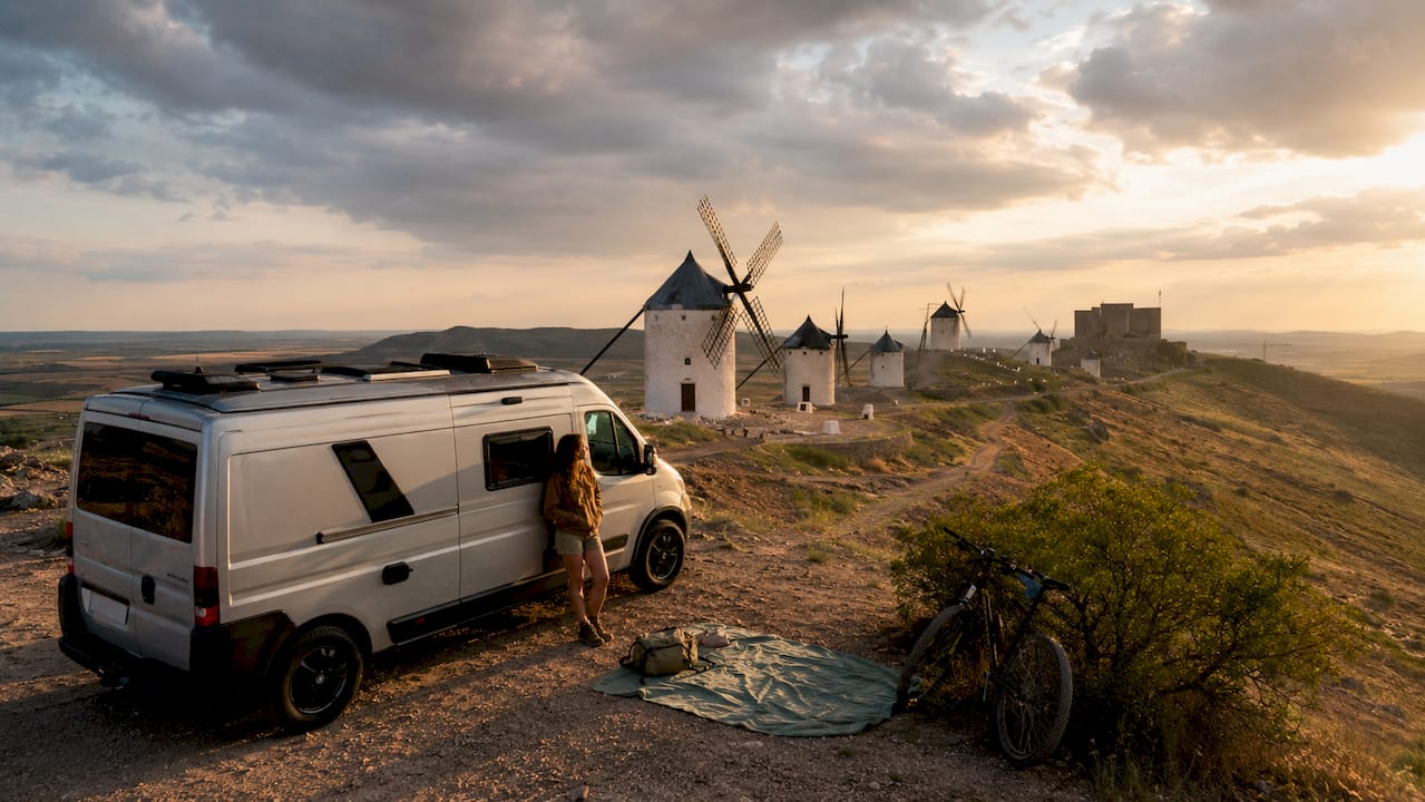 Autocaravana aparcada junto a unos molinos en pleno campo