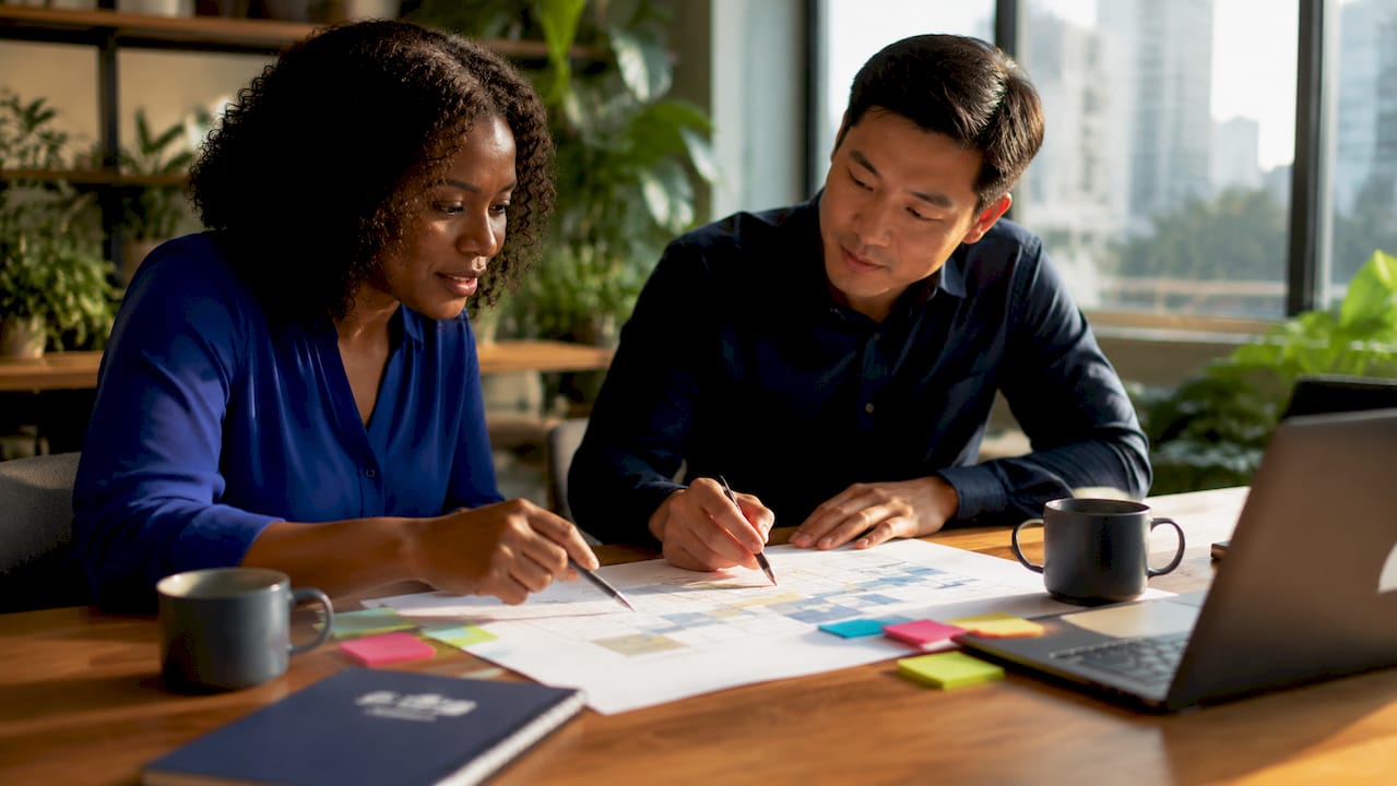 Two professionals reviewing responsibility matrix chart