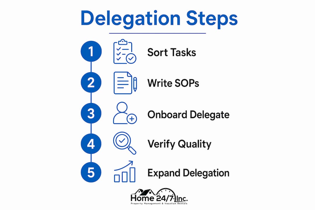 Infographic showing five-step rental task delegation process