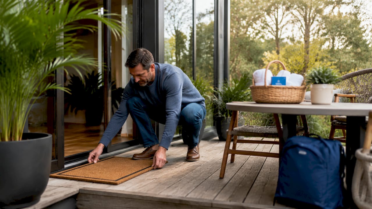 Host placing welcome sign at rental entrance