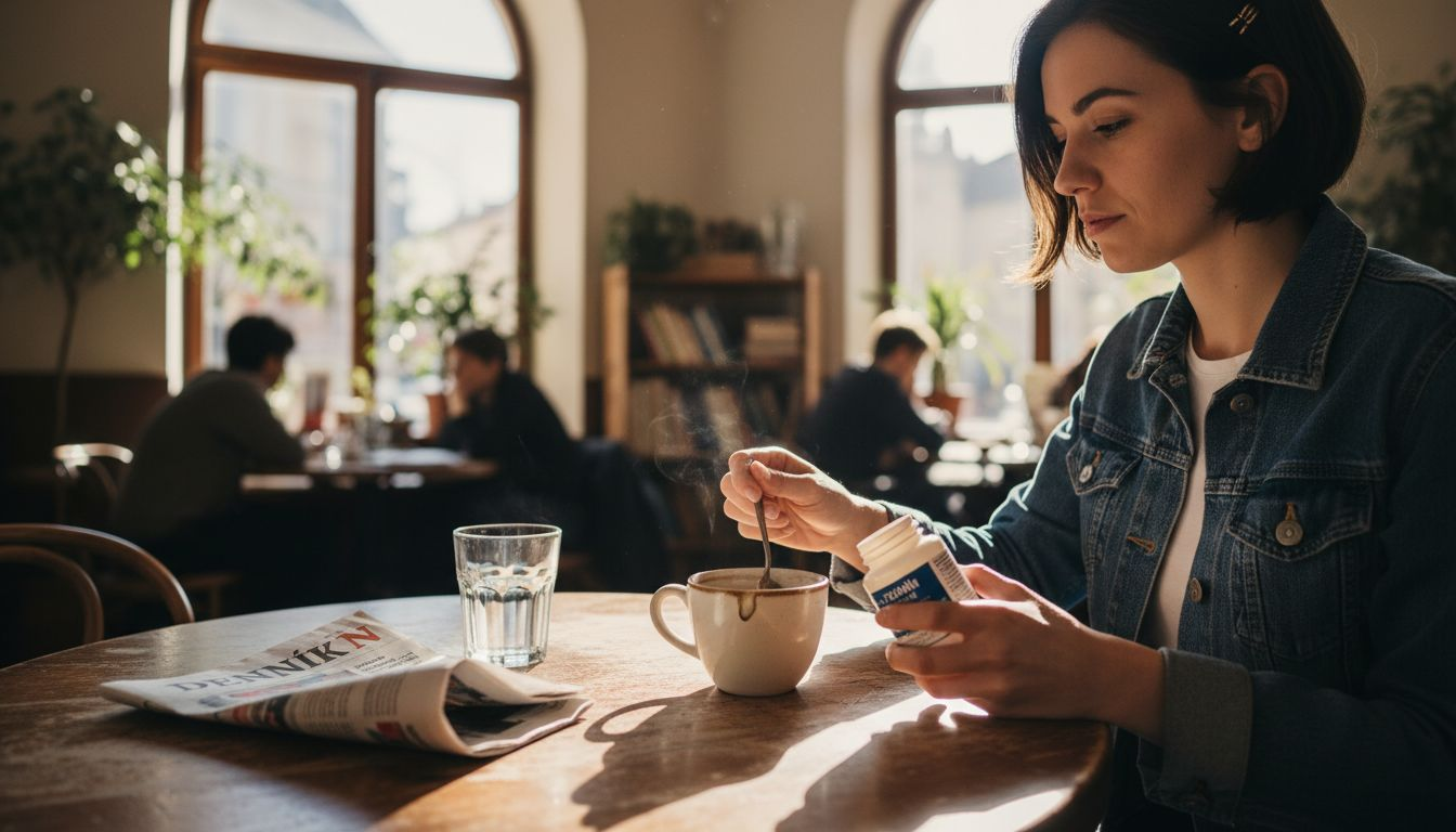 Žena si vychutnáva šálku kávy a pri tom má po ruke kapsuly s L-theanínom.