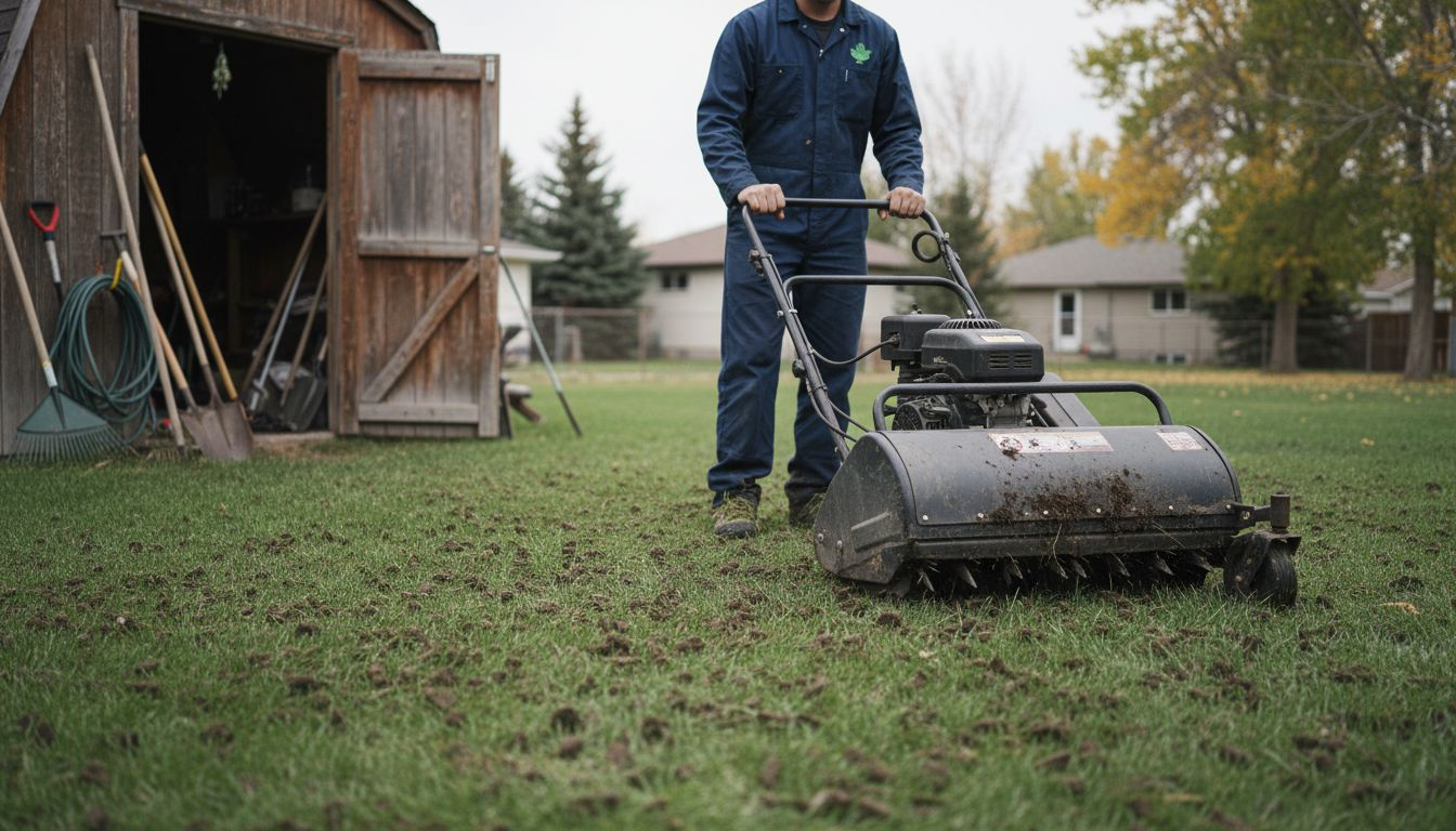 Lawn aeration in Calgary suburban backyard