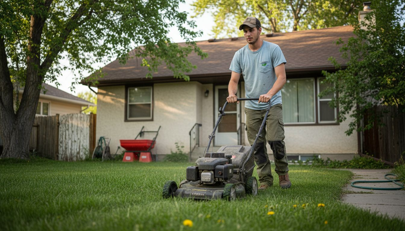 Lawn care worker mowing Calgary yard