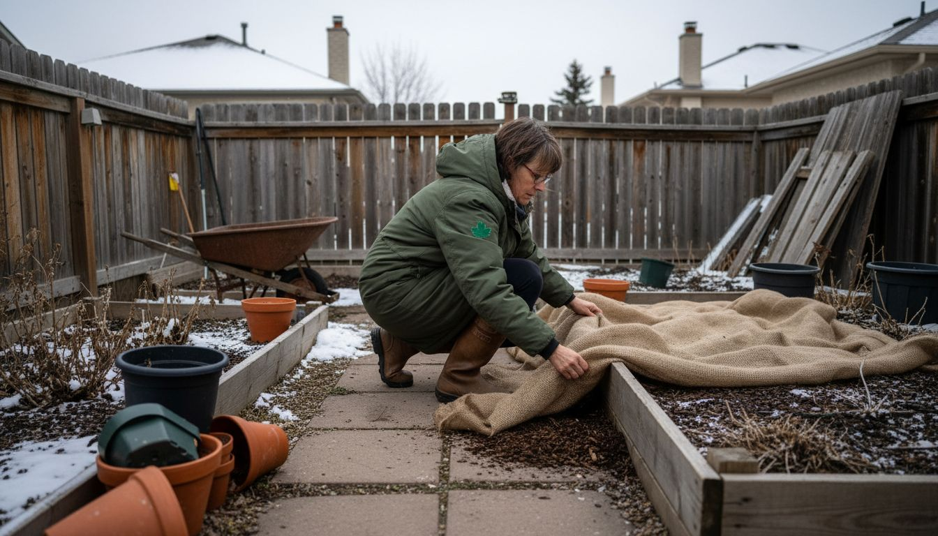 Woman protecting garden beds before Calgary winter