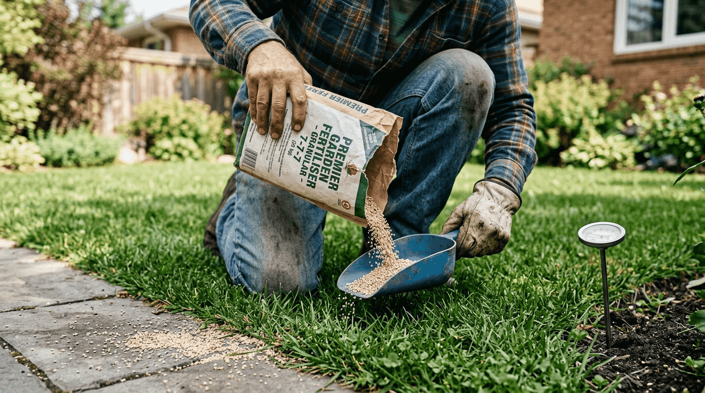 Closeup pouring granular lawn fertiliser Calgary