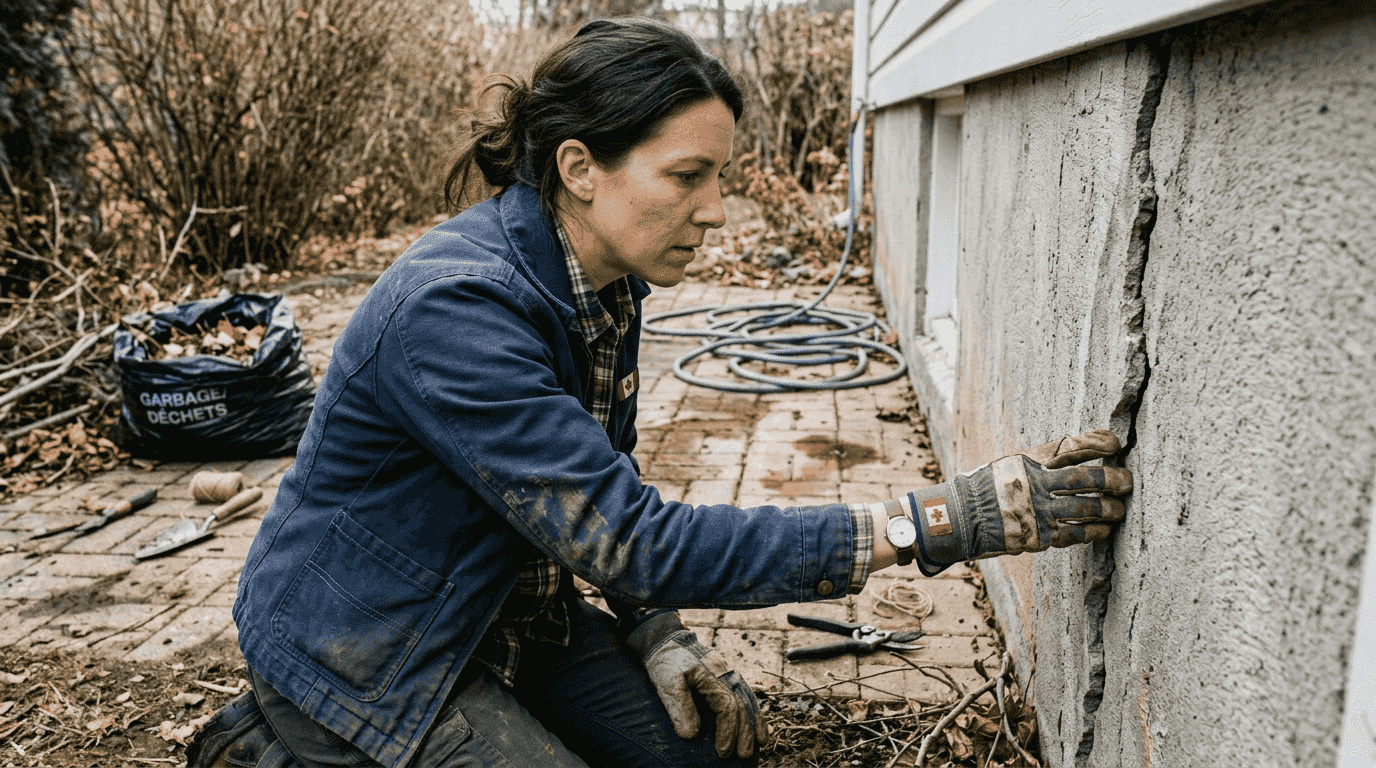 Inspecting foundation cracks during spring cleanup