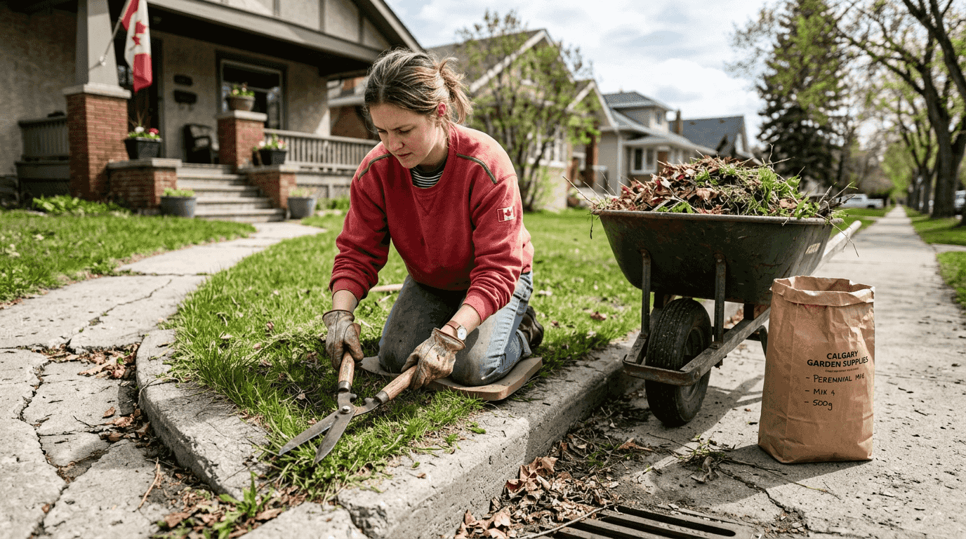 Woman tending Calgary lawn in spring