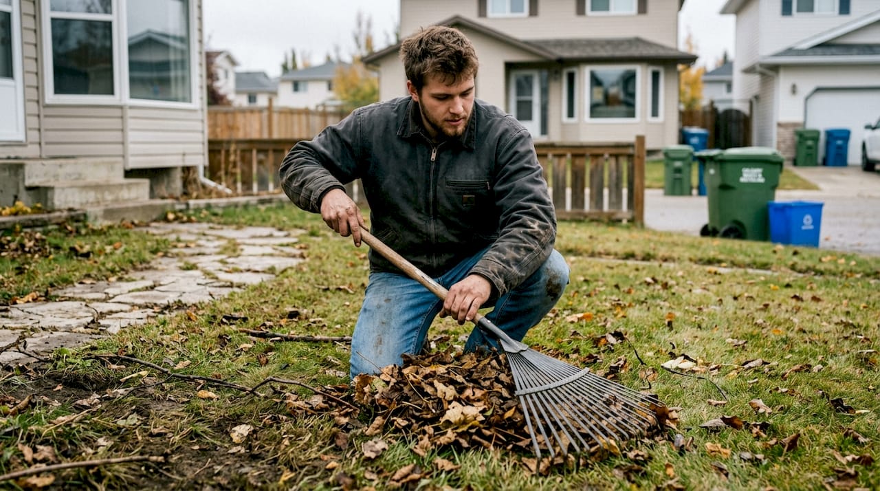 Worker removing leaves from patchy lawn