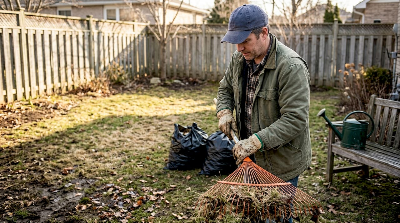 Man raking Calgary backyard lawn in spring
