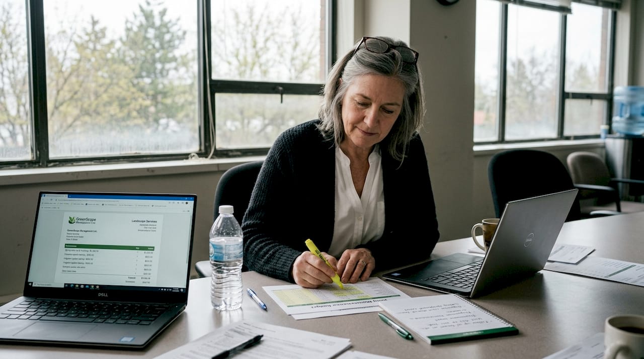 Property manager reviewing spring maintenance documents