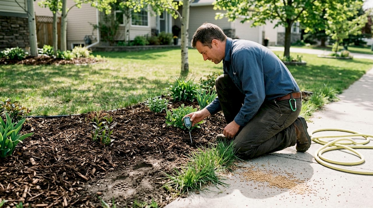 Gardener checking mulched soil in Calgary yard