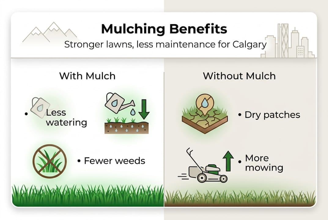 Infographic comparing mulched and unmulched lawn benefits