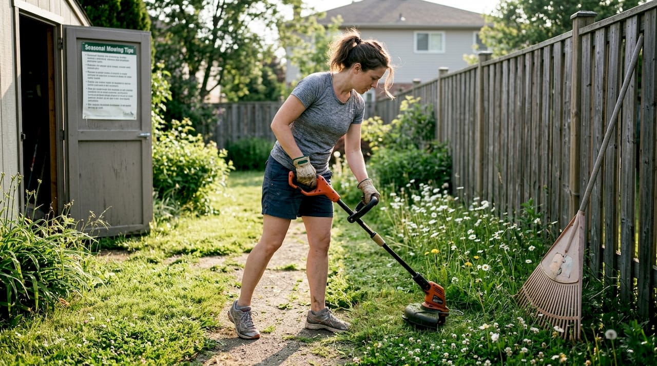 Person mowing Calgary lawn with seasonal tips visible