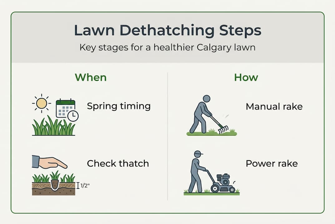 Infographic showing lawn dethatching steps and timing