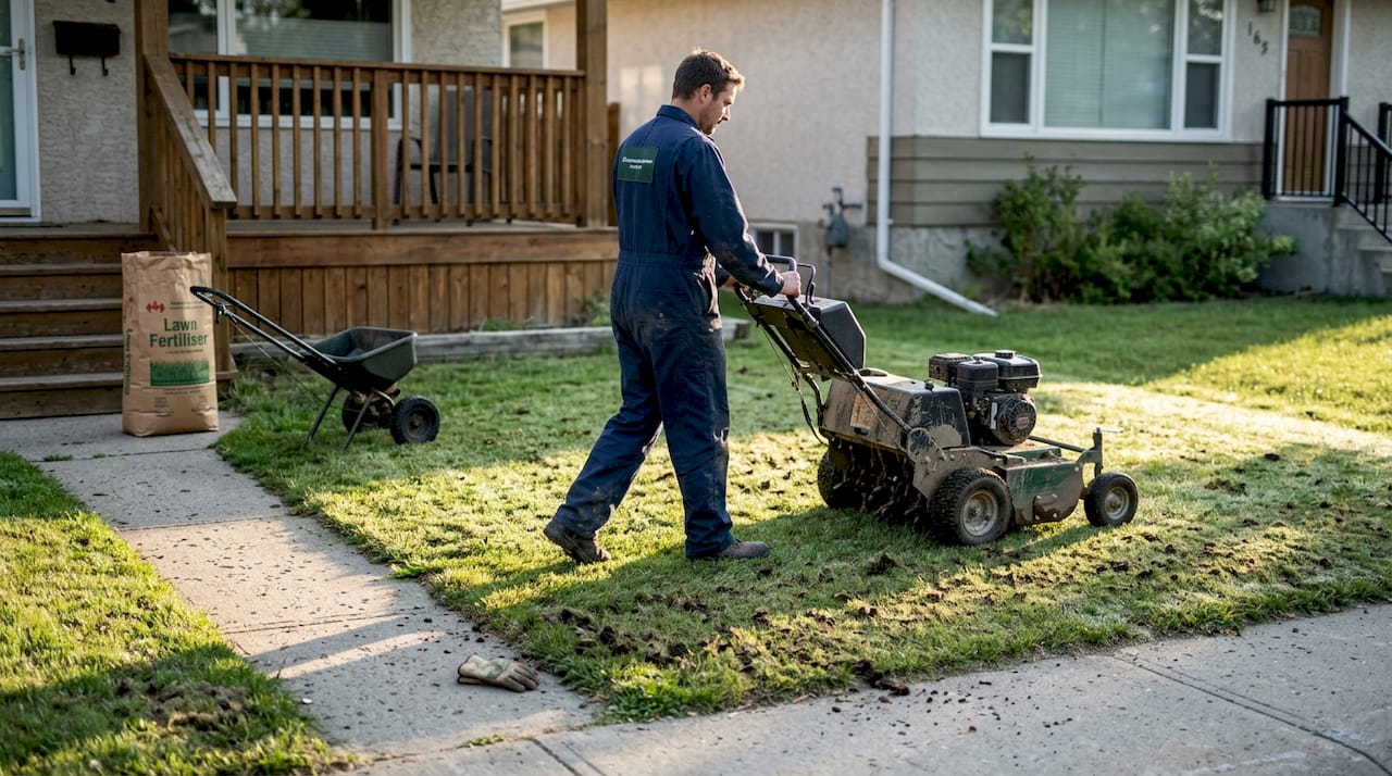 Lawn worker aerating and overseeding yard